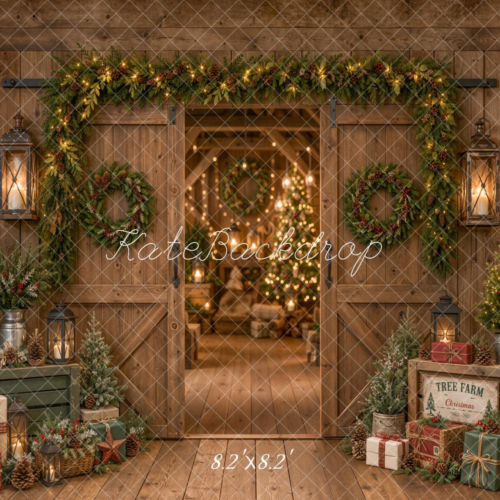 Kate Christmas Rustic Barn Door Garland Wreath Trees Printed Backdrop Designed by Emetselch