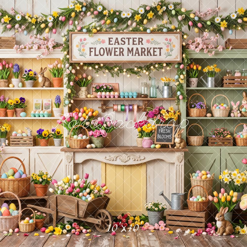 Kate Easter Flower Market Tulips Wood Shelf Eggs Printed Backdrop Designed by Patty Roberts