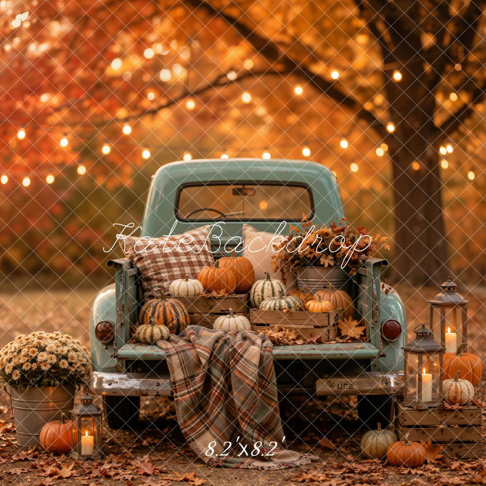Kate Fall Vintage Truck Plaid Blanket Pumpkins Lanterns Forest  Printed Backdrop Designed by Emetselch