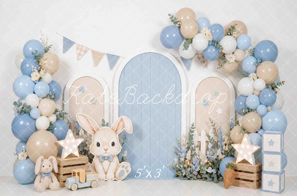 Kate Cake Smash Bunny Blue Beige Balloon Arch Printed Backdrop Designed by Mini MakeBelieve