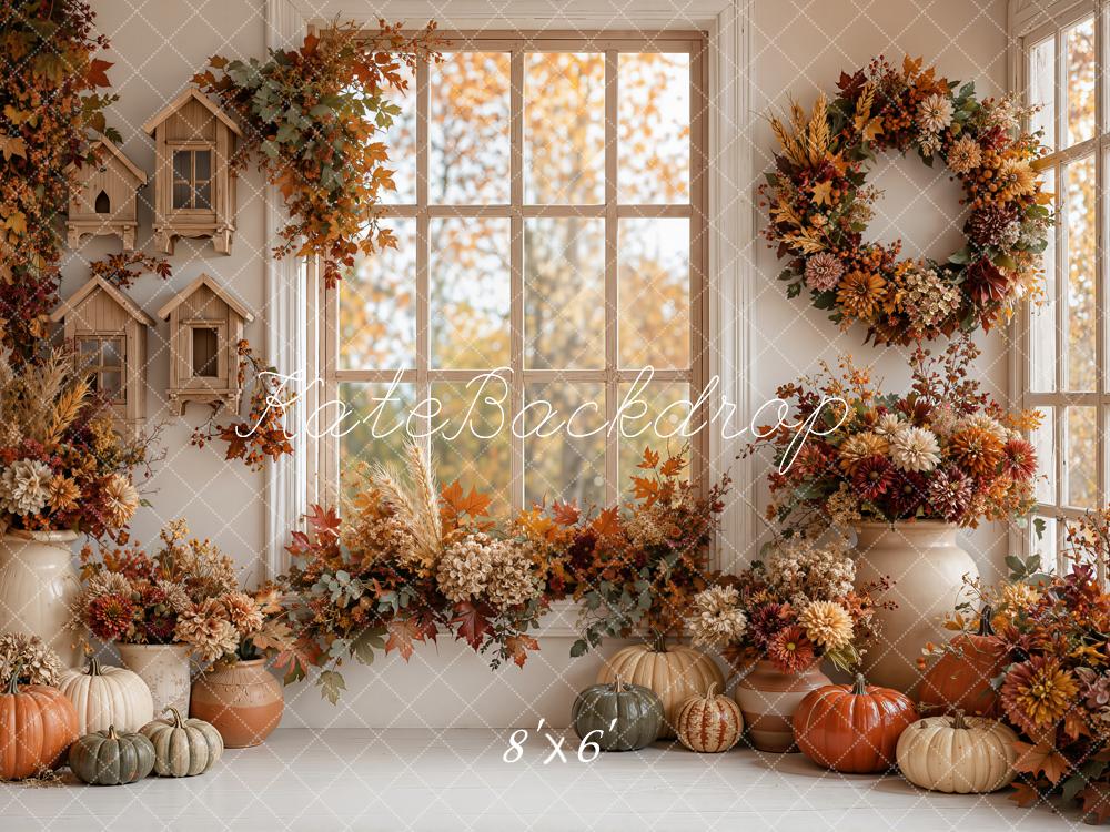 Kate Fall Cozy Interior Pumpkins Floral Window Wreath Printed Backdrop Designed by Emetselch
