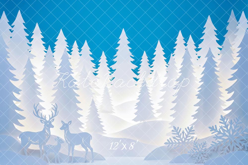 Kate Winter Blue Snowy Forest Paper Silhouettes Deer Snowflakes Printed Backdrop Designed by Patty Roberts