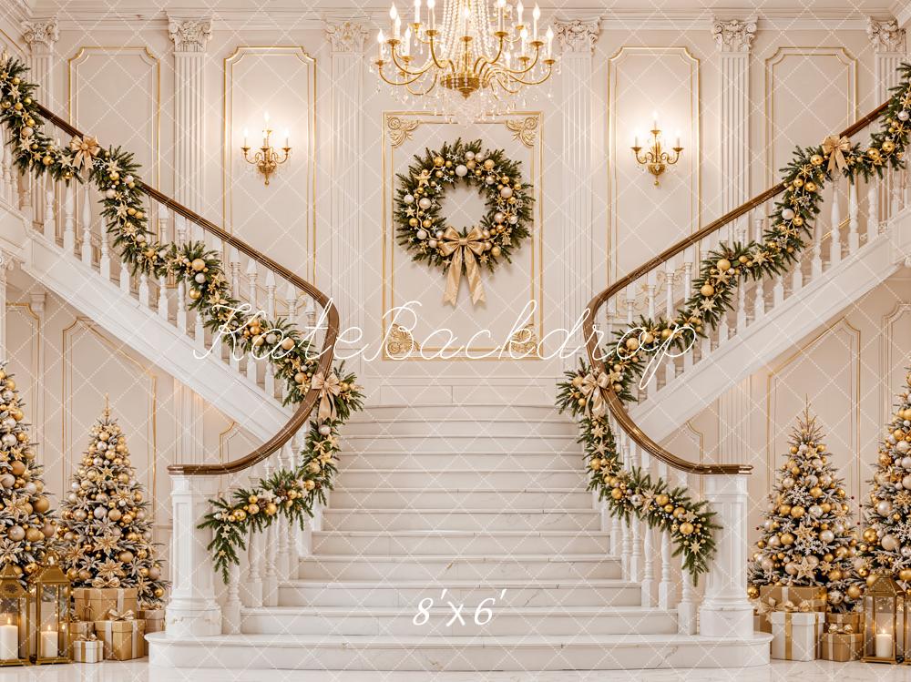 Kate Christmas Cascading Stairs Garland Wreath Ornate Interior Printed Backdrop Designed by Emetselch