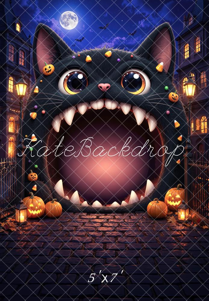 Kate Halloween Trunk or Treat Black Cat Haunted House Cobblestone Printed Backdrop Designed by Mini MakeBelieve