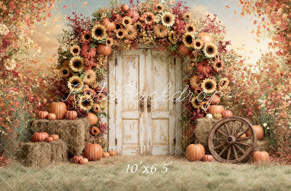 Kate Fall Flower Arch Pumpkin Sunflower Rustic Door Country Printed Backdrop Designed by Angela Miller