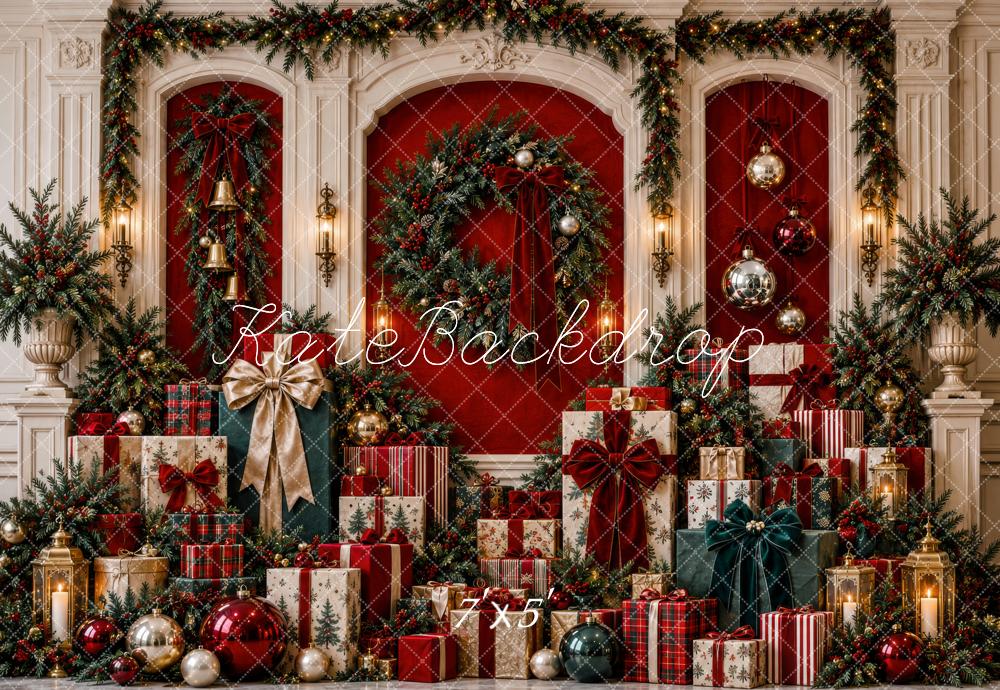Kate Christmas Garland Wreath Gift Boxes Red Printed Backdrop Designed by Patty Roberts