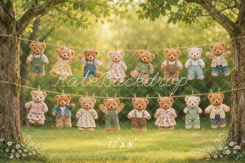 Kate Laundry Day Teddy Bears Clothesline Outdoor Trees Printed Backdrop Designed by Emetselch