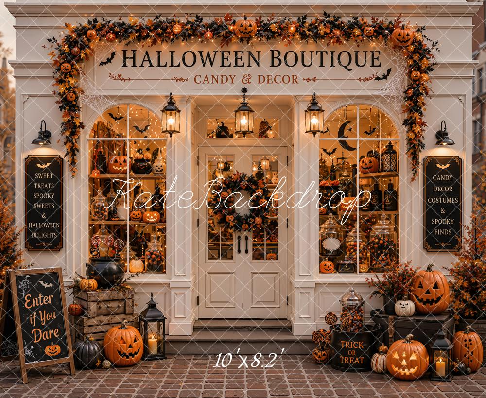 Kate Halloween Candy Boutique Pumpkin Storefront Garland Printed Backdrop Designed by Emetselch