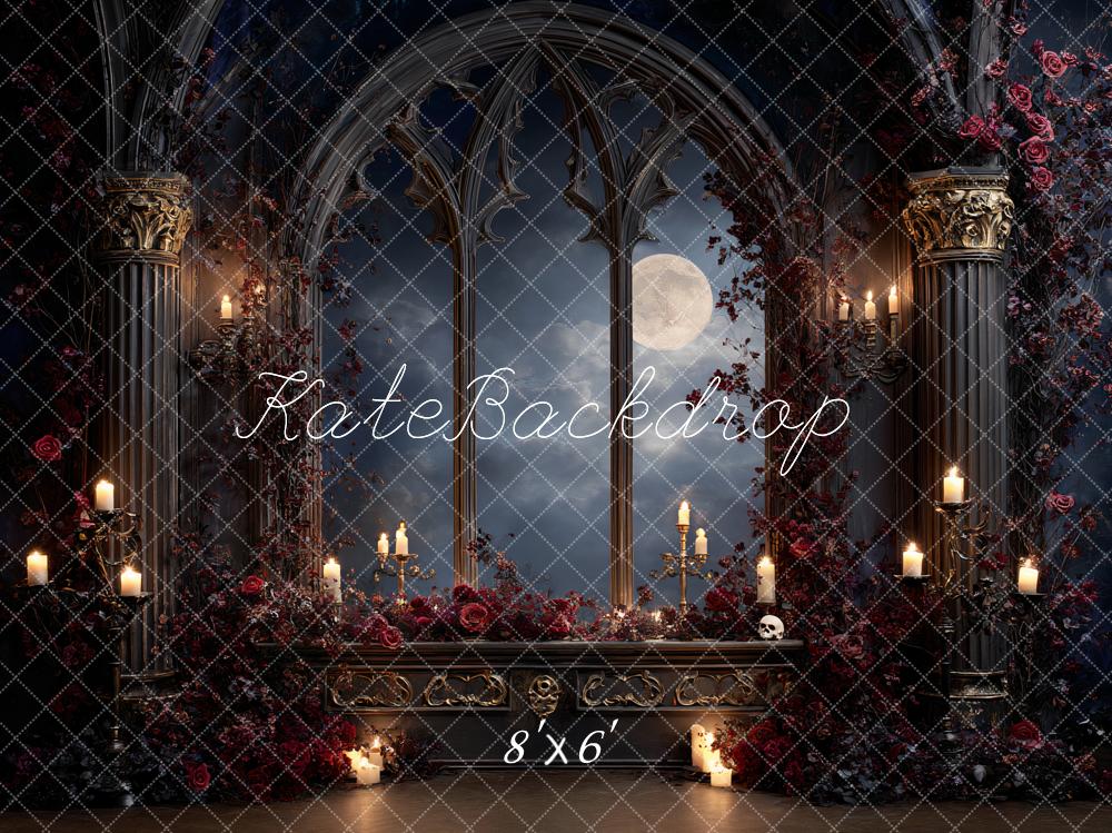 Kate Halloween Gothic Window Castle Moonlight Candles Roses Backdrop Designed by Ashley Paul