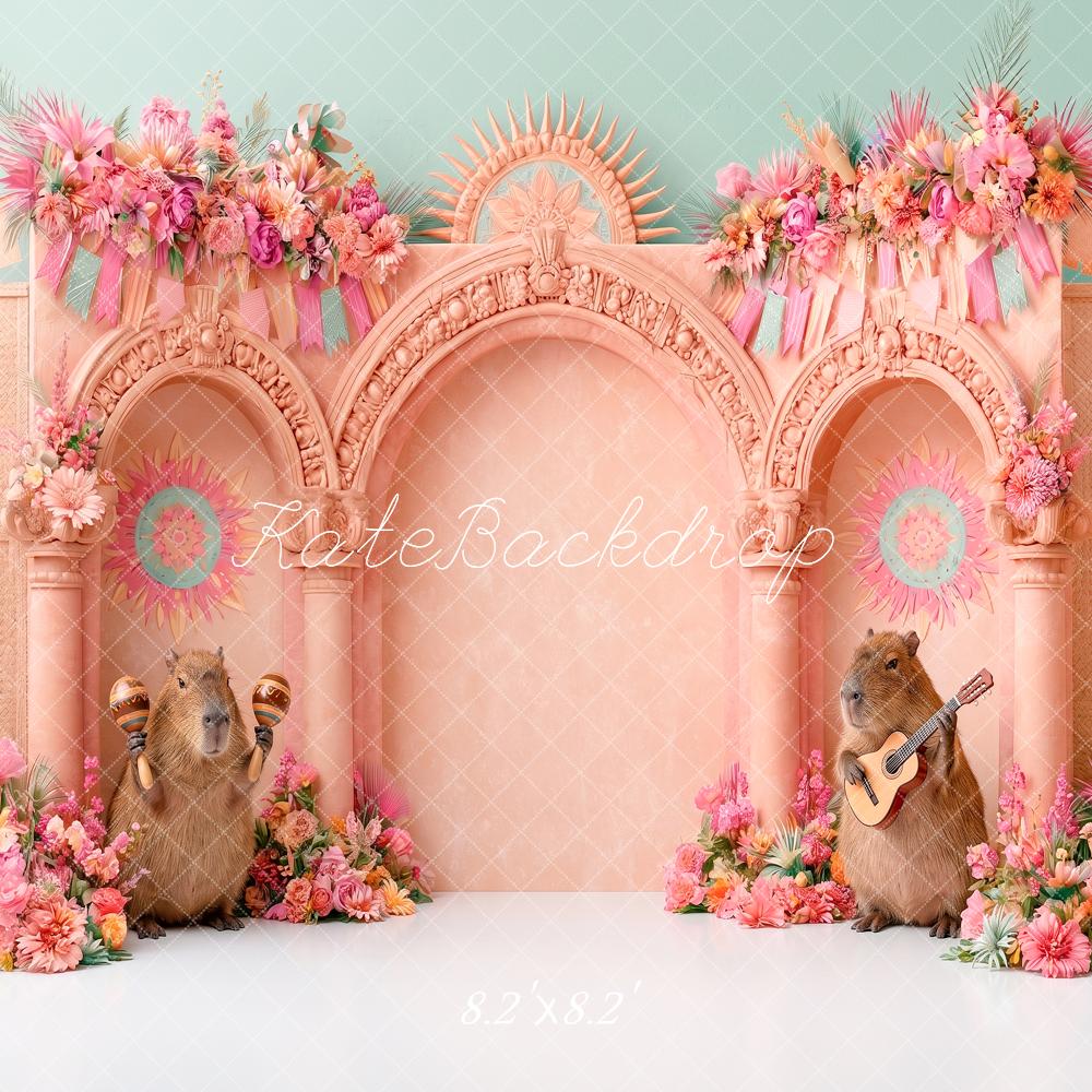Kate Cake Smash Pink Arch Capybara Musicians Flower Printed Backdrop Designed by Angela Miller