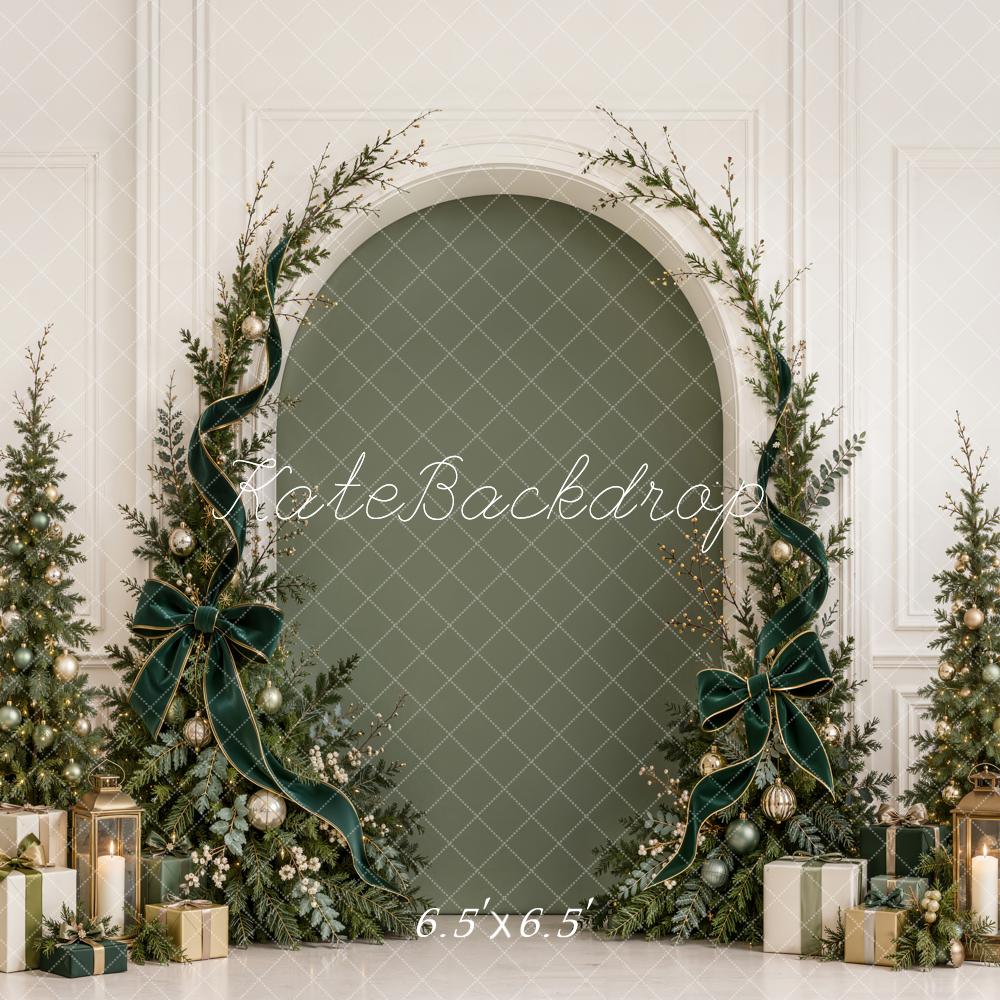 Kate Christmas Evergreen Arch Trees Green Velvet Bow Gifts Printed Backdrop Designed by Emetselch
