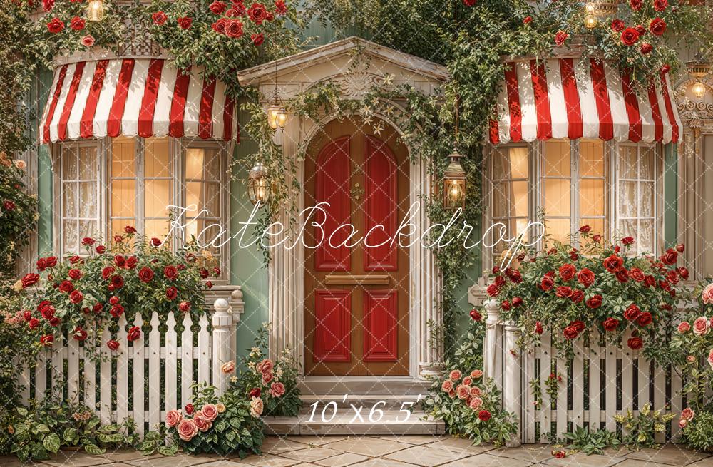 Kate Valentine's Day Red Striped Awning Door Rose Garden Porch Backdrop Designed by Emetselch