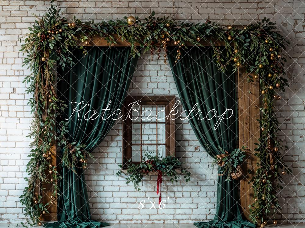 Kate Christmas Green Curtain Brown Window White Brick Wall Printed Backdrop Designed by Emetselch
