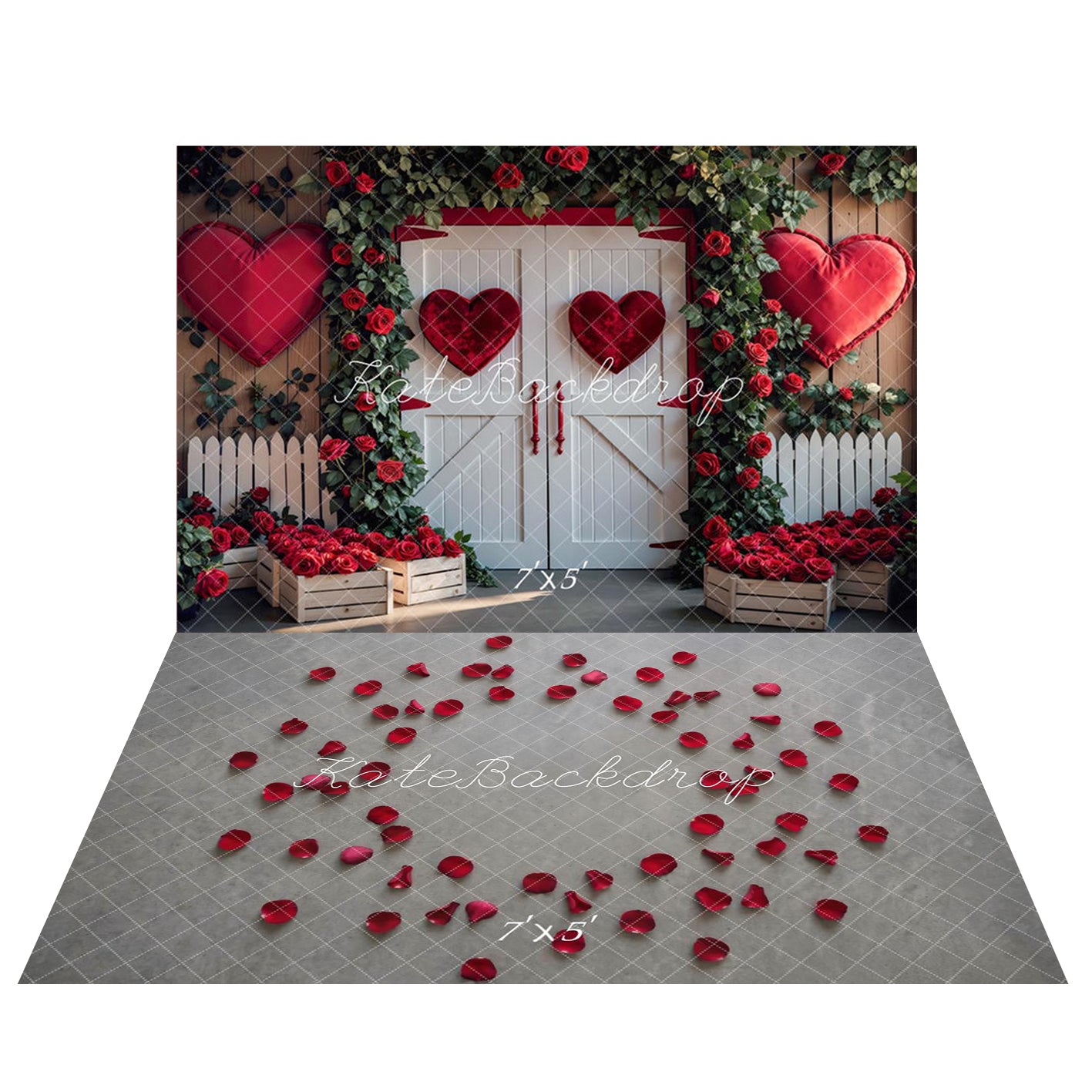 Big Roses Backdrop Kate Valentine's Day Barn Door Red Hearts Roses Backdrop+Red Rose ...