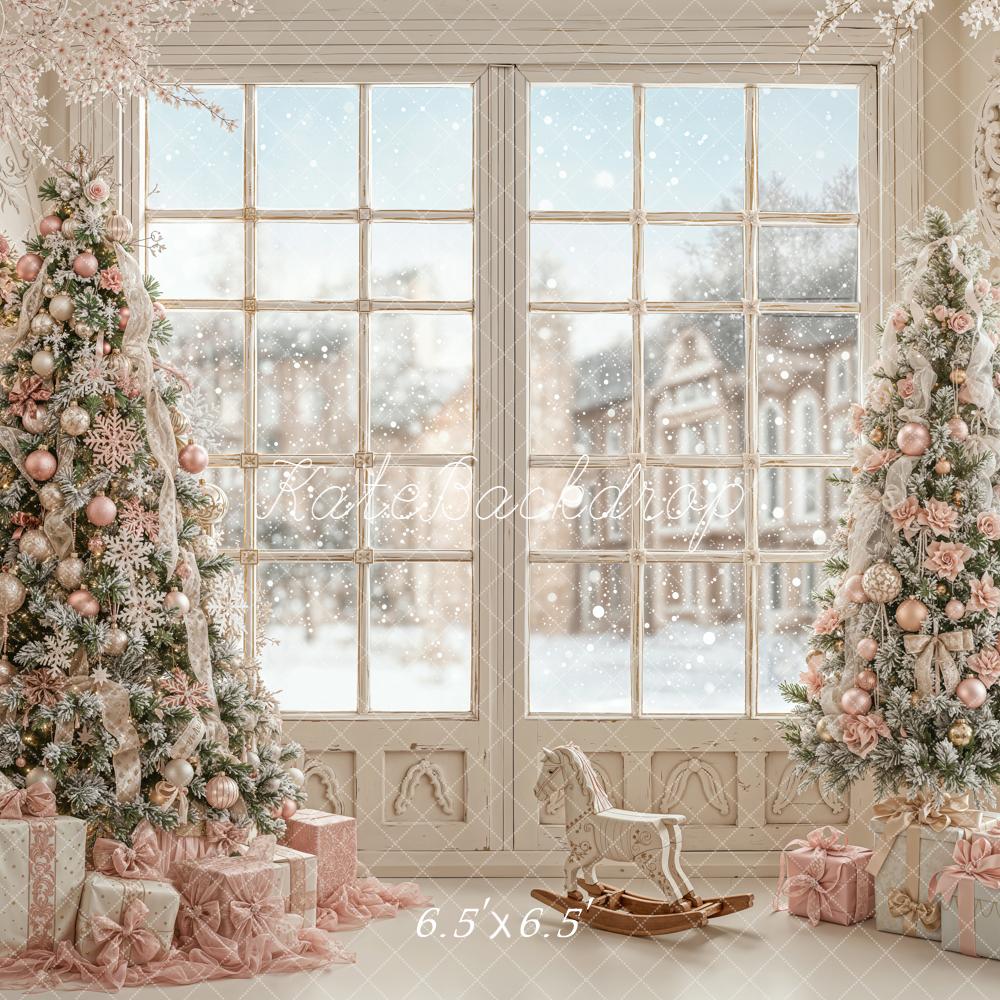 Kate Christmas Pink Trees Gifts Window Snowy Rocking Horse Backdrop Designed by Emetselch