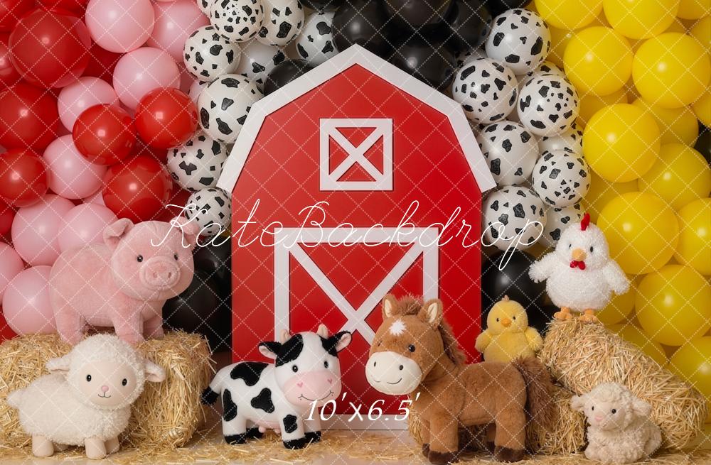 Kate Cake Smash Barn Farm Animals Balloons Printed Backdrop Designed by Emetselch