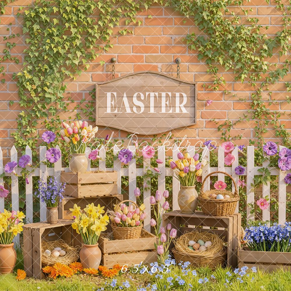 Kate Easter Garden Flowers Eggs White Fence Backdrop Designed by Emetselch