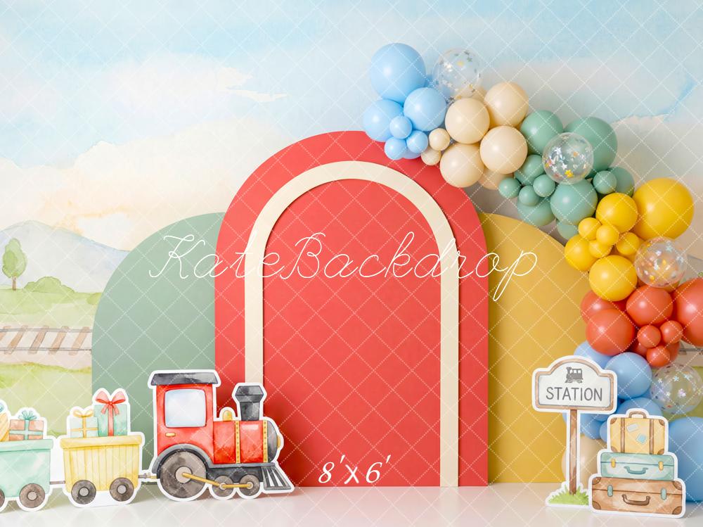 Kate Cake Smash Train Red Arch Balloons Station Pastel Landscape Printed Backdrop Designed by Patty Roberts