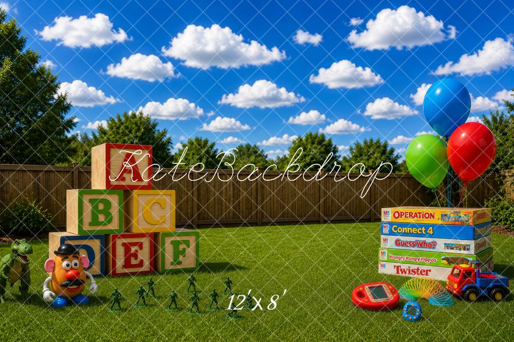 Kate Kids Backyard Toys Balloons Blocks Board Games Printed Backdrop Designed by Megan Leigh Photography
