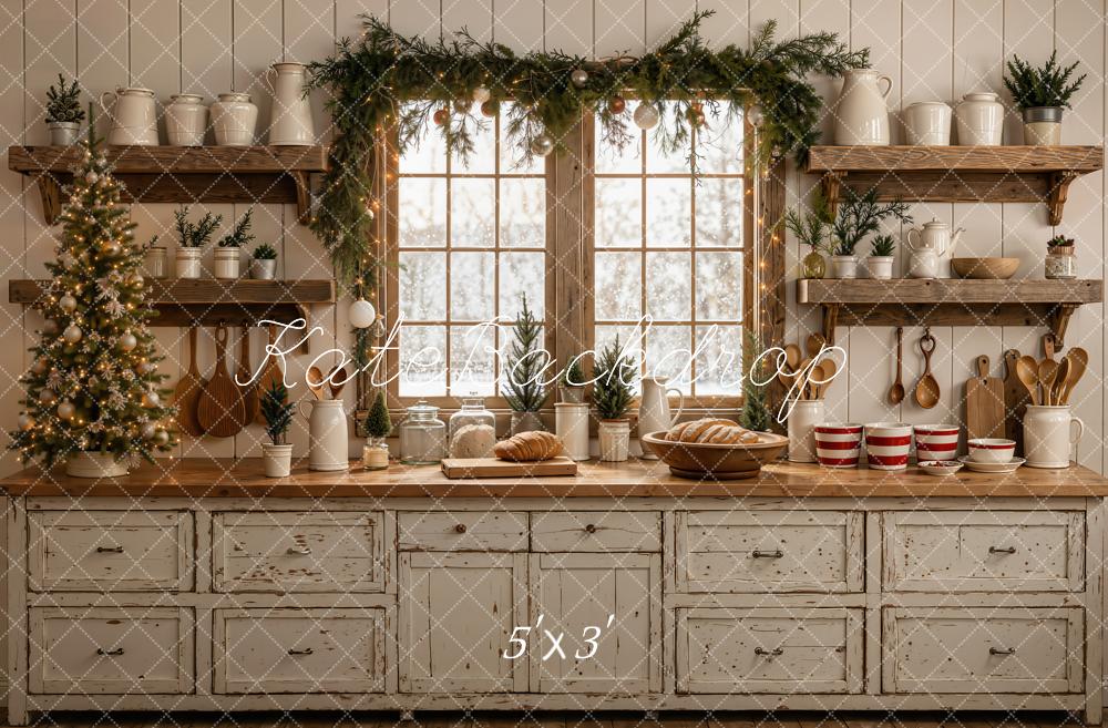 Kate Christmas Kitchen Window Garland Rustic Wooden Shelves Bread Printed Backdrop Designed by Emetselch