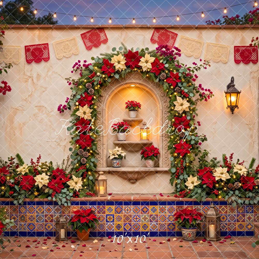 Kate Mexican Christmas Poinsettia Courtyard Floral Arch Printed Backdrop Designed by Patty Roberts