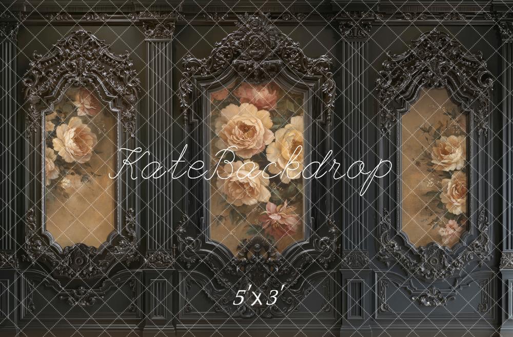 Kate Black Ornate Vintage Wall Floral Roses Printed Backdrop Designed by Emetselch