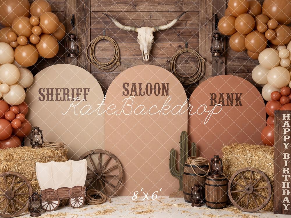 Kate Cake Smash Western Saloon Sheriff Bank Wagon Balloons Printed Backdrop Designed by Patty Roberts