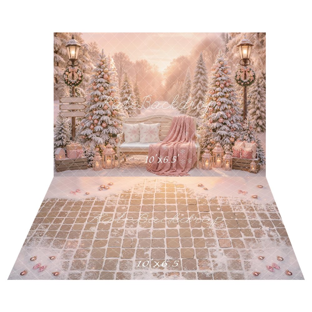 Kate Christmas Snowy Trees Bench Pink Gifts Outdoor Printed Backdrop+Snowy Pink Tile Floor Printed Backdrop