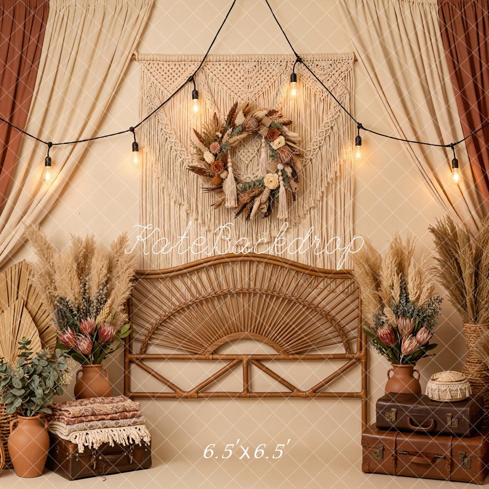 Kate Boho Macrame Wreath Pampas Grass Rattan Bench Backdrop Designed by Emetselch