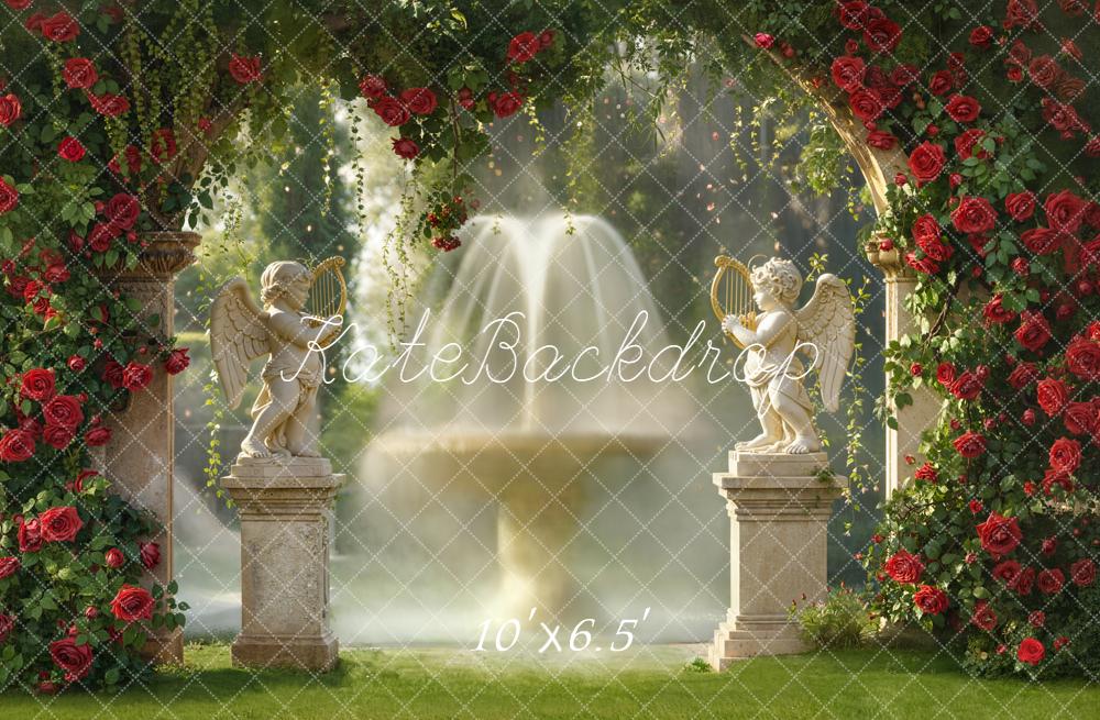 Kate Spring Red Rose Arch Angel Statues Fountain Garden Backdrop Designed by Emetselch