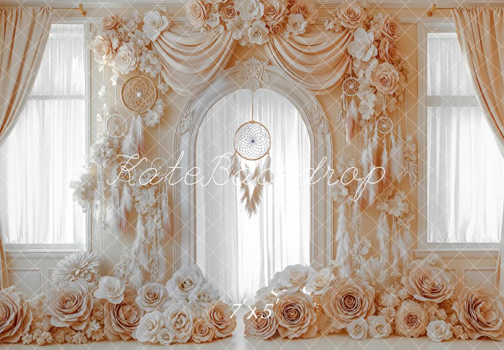 Kate Boho Bohemian Flower Arch Cream Dreamcatcher Drapes Backdrop Designed by Mini MakeBelieve