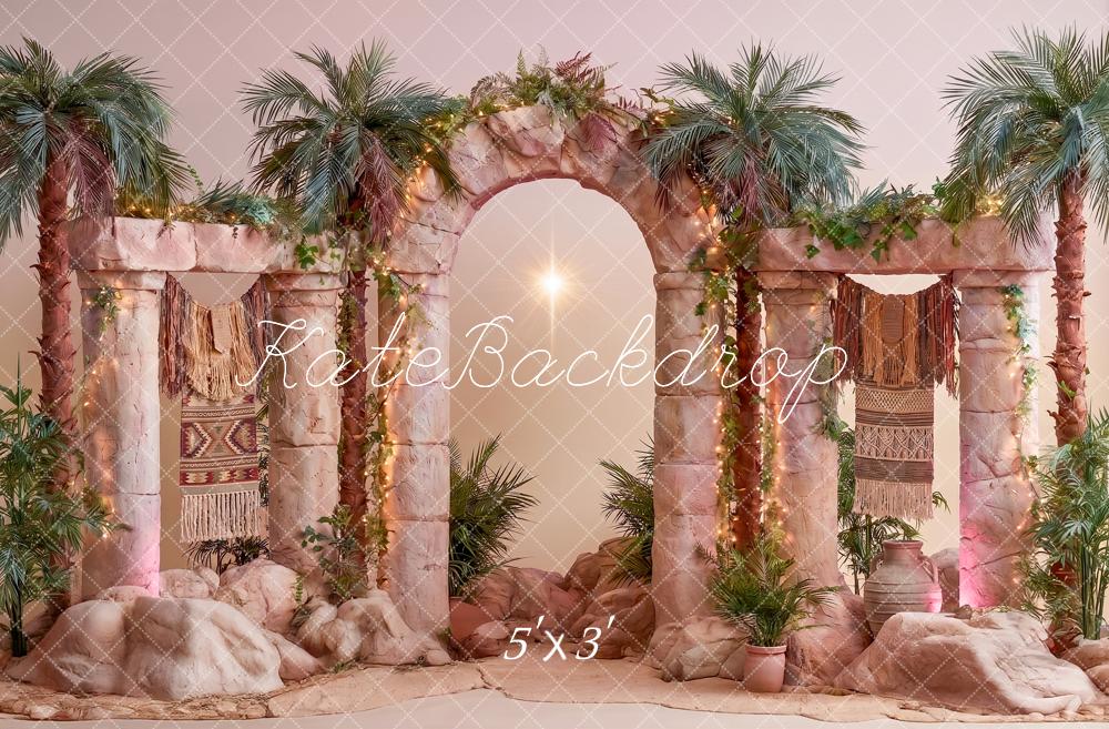 Kate VBS Stage Stone Arch Palms Star Pink Printed Backdrop Designed by Angela Miller
