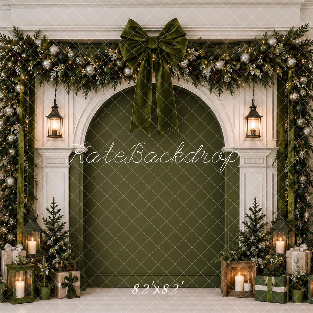 Kate Christmas Green Garland Arched Wall Bows Tree Printed Backdrop Designed by Ashley Paul