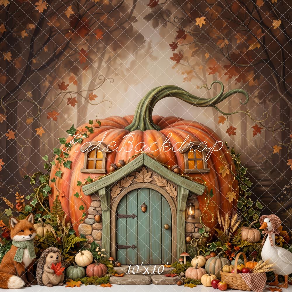 Kate Fall Pumpkin Cottage Woodland Animals Printed Backdrop Designed by Patty Roberts