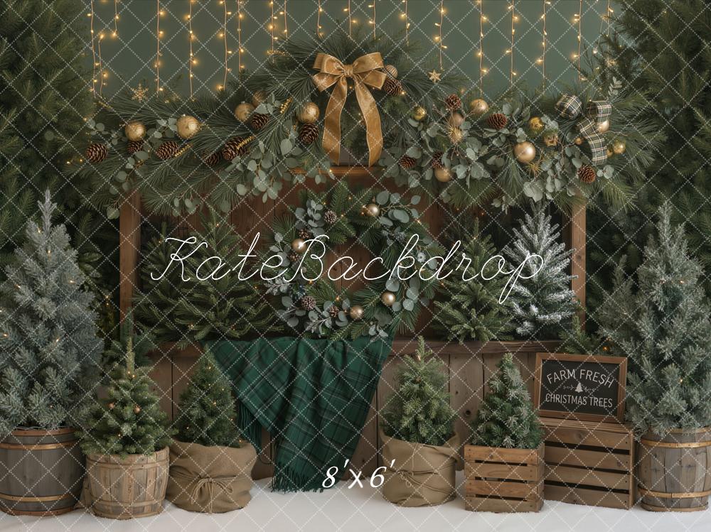 Kate Christmas Tree Farm Rustic Bow Lights Printed Backdrop Designed by Emetselch