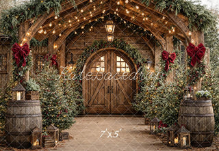 Kate Christmas Rustic Wooden Arch Door Garland Pine Trees Printed Backdrop Designed by Emetselch