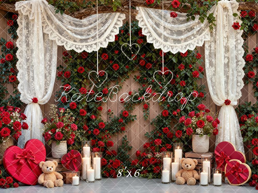 Kate Valentine's Day Lace Curtains Red Rose Heart Teddy Bears Printed Backdrop Designed by Mini MakeBelieve