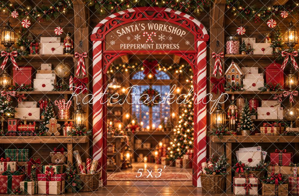Kate Christmas Santa's Workshop Candy Cane Arch Toys Printed Backdrop Designed by Emetselch