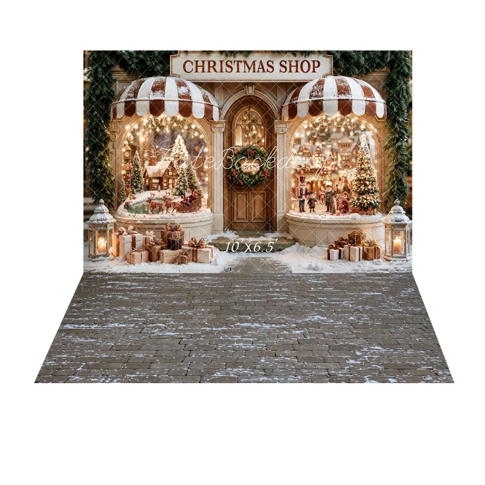 Kate Christmas Shop Window Santa Sleigh Snow Gifts Printed Backdrop+Cobblestone Snow Floor Printed Backdrop