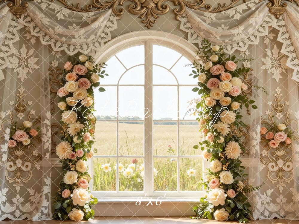 Kate Spring Flower Arch Window Gold Lace Curtains Backdrop Designed by Mini MakeBelieve