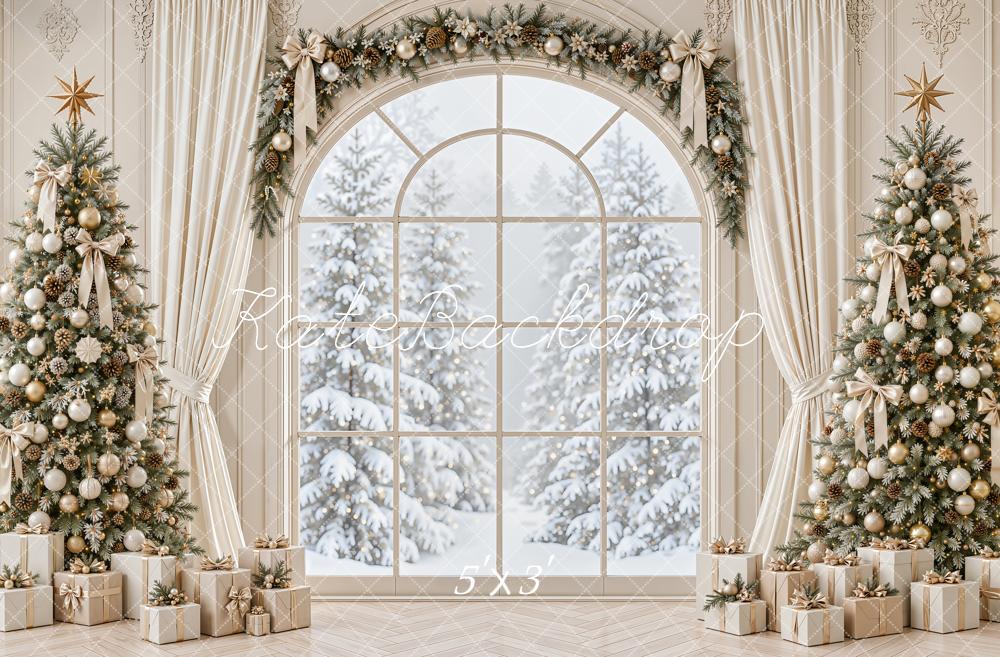 Kate Christmas Window Trees And Gifts Printed Backdrop Designed by Emetselch