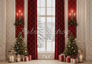Kate Christmas Trees Red Curtains Snowy Window Printed Backdrop Designed by Emetselch