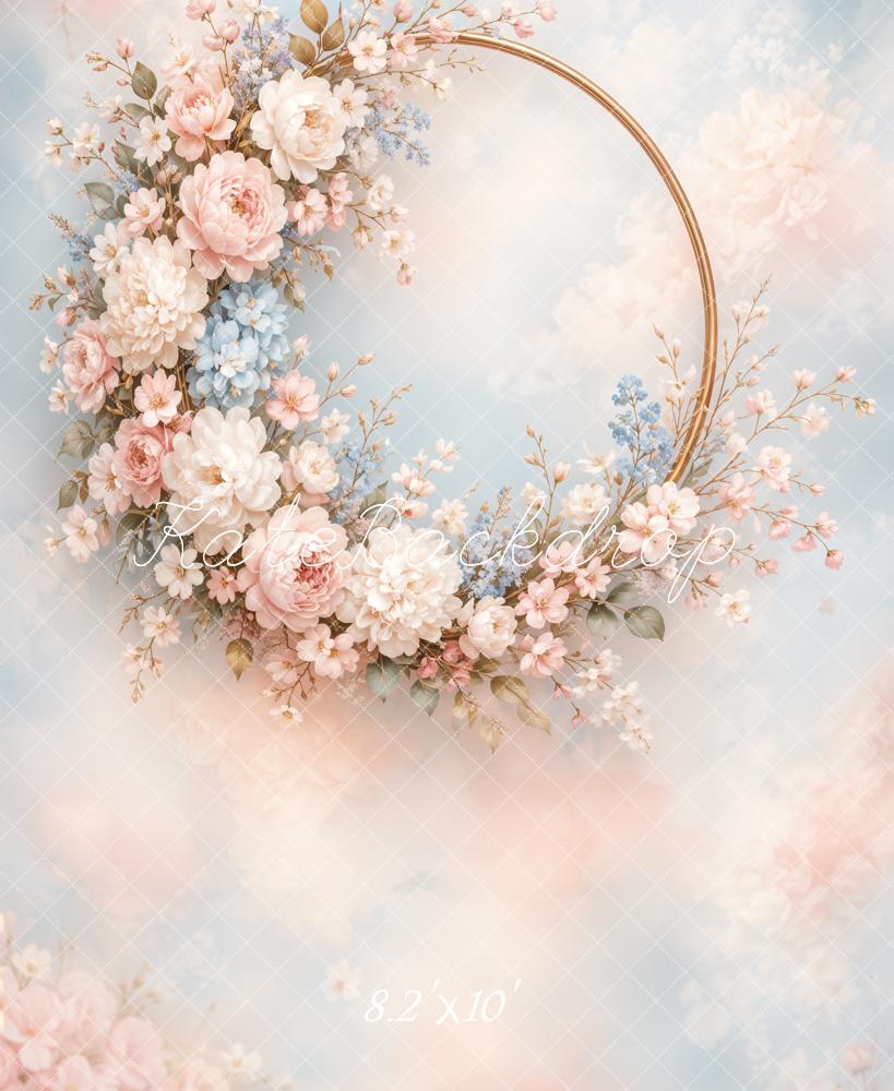 Kate Fine Art Floral Wreath Gold Hoop Clouds Printed Backdrop Designed by Emetselch