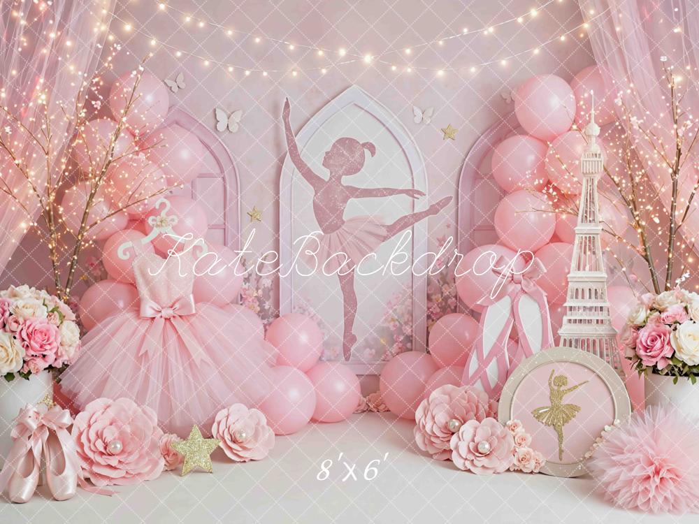 Kate Ballerina Pink Ballet Dress Eiffel Tower Flowers Balloons Printed Backdrop Designed by Mini MakeBelieve
