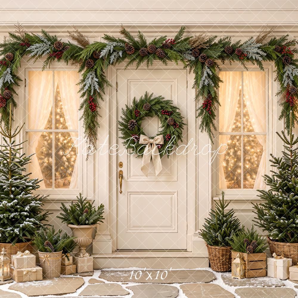 Kate Christmas White Doorway Wreath Garland Pine Trees Rustic Printed Backdrop Designed by Emetselch