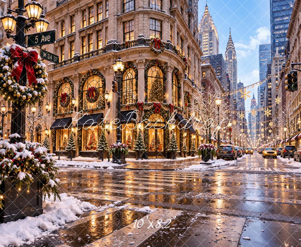 Kate Christmas New York City Street Snowy Cityscape Crosswalk Printed Backdrop Designed by Jordan Moon
