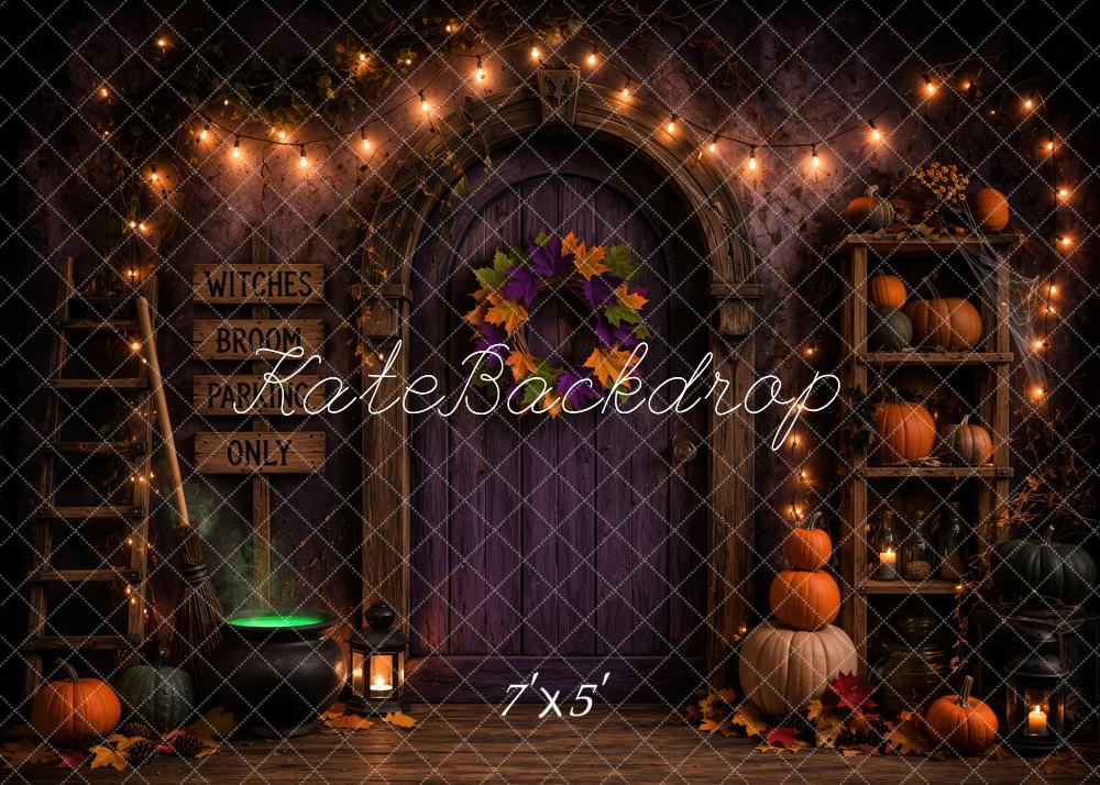 Kate Halloween Witch Doorway Pumpkins Shelf Printed Backdrop Designed by Ashley Ward