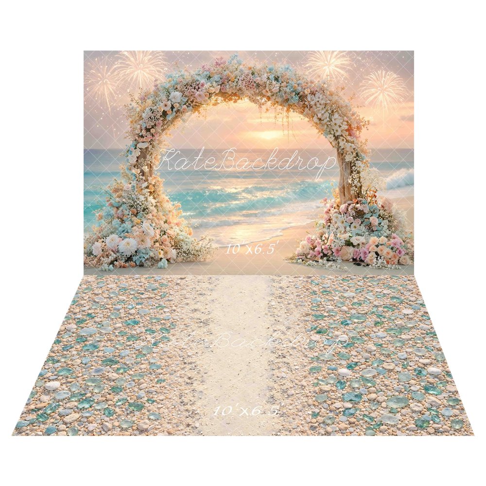 Kate Beach Sunset Flower Arch  Fireworks Printed Backdrop+Summer Sand Pebble Path Sea Glass Floor Printed Backdrop