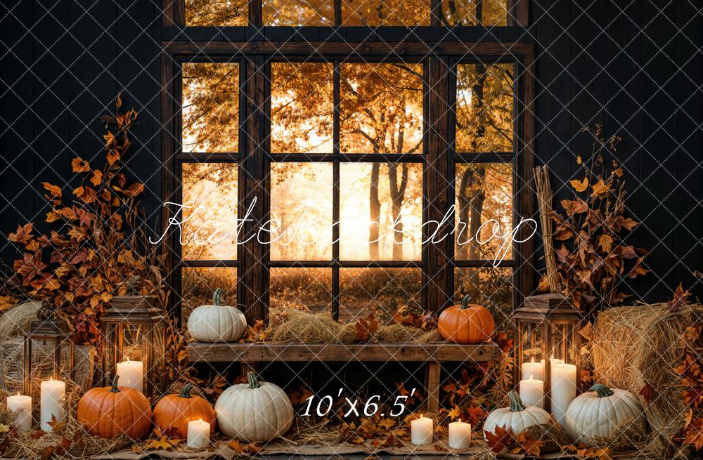 Kate Fall Pumpkin Candle Window Hay Bales Backdrop Designed by Emetselch