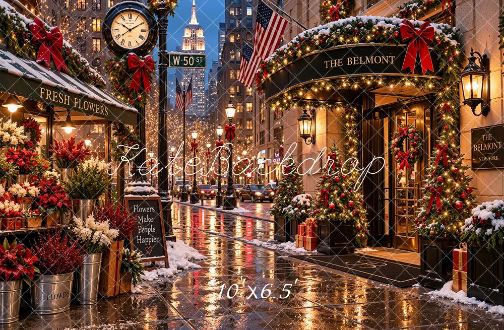 Kate Christmas Snowy New York City Flower Shop Street Printed Backdrop Designed by Shutter Swan Studios